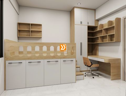 Phòng ngủ cho bé với hệ giường tủ bàn kết hợp nhà chị Sâm