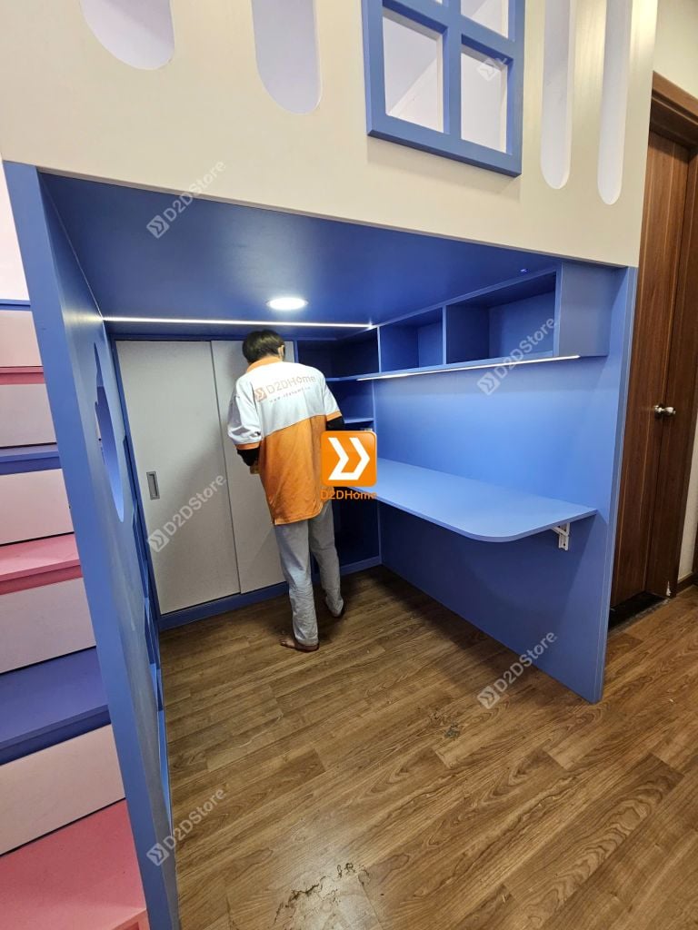 Phòng ngủ giường tầng đối xứng cho 2 bé trai và gái nhà chị Thu Giang