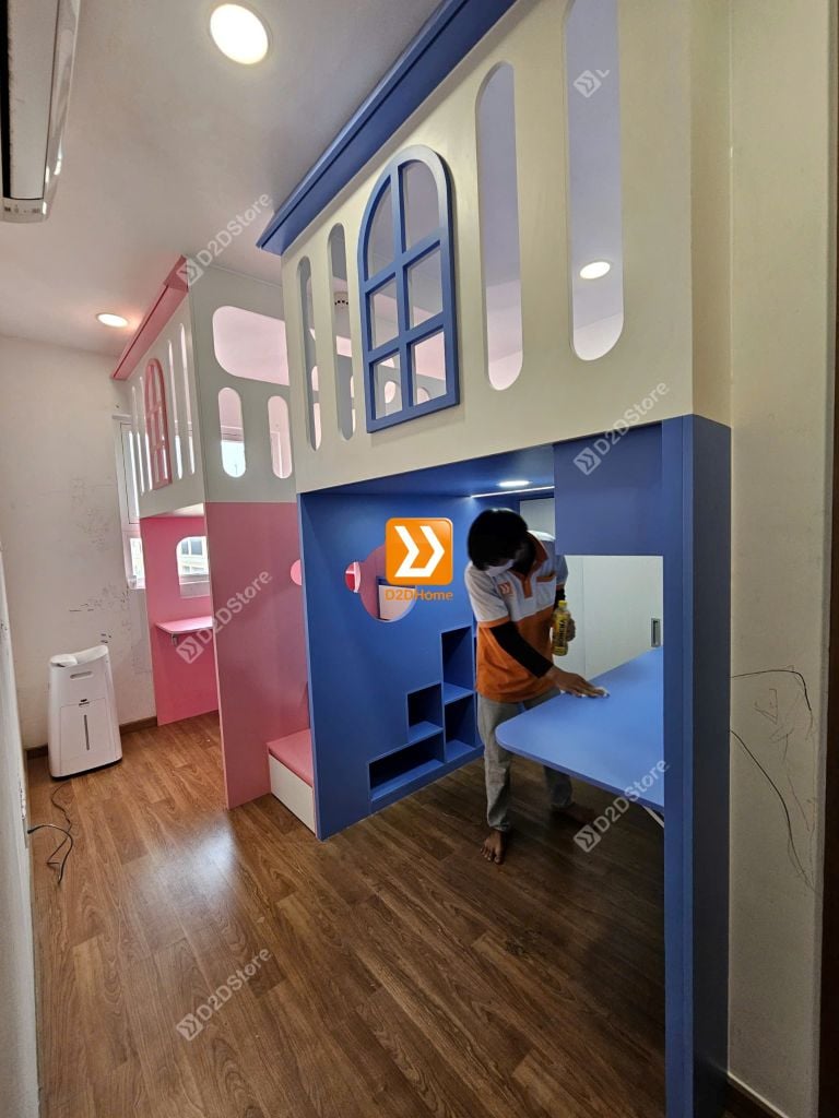 Phòng ngủ giường tầng đối xứng cho 2 bé trai và gái nhà chị Thu Giang