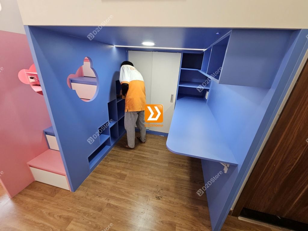 Phòng ngủ giường tầng đối xứng cho 2 bé trai và gái nhà chị Thu Giang