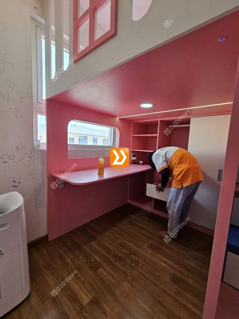 Phòng ngủ giường tầng đối xứng cho 2 bé trai và gái nhà chị Thu Giang
