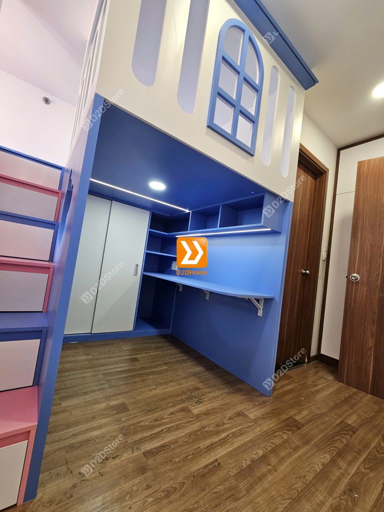 Phòng ngủ giường tầng đối xứng cho 2 bé trai và gái nhà chị Thu Giang