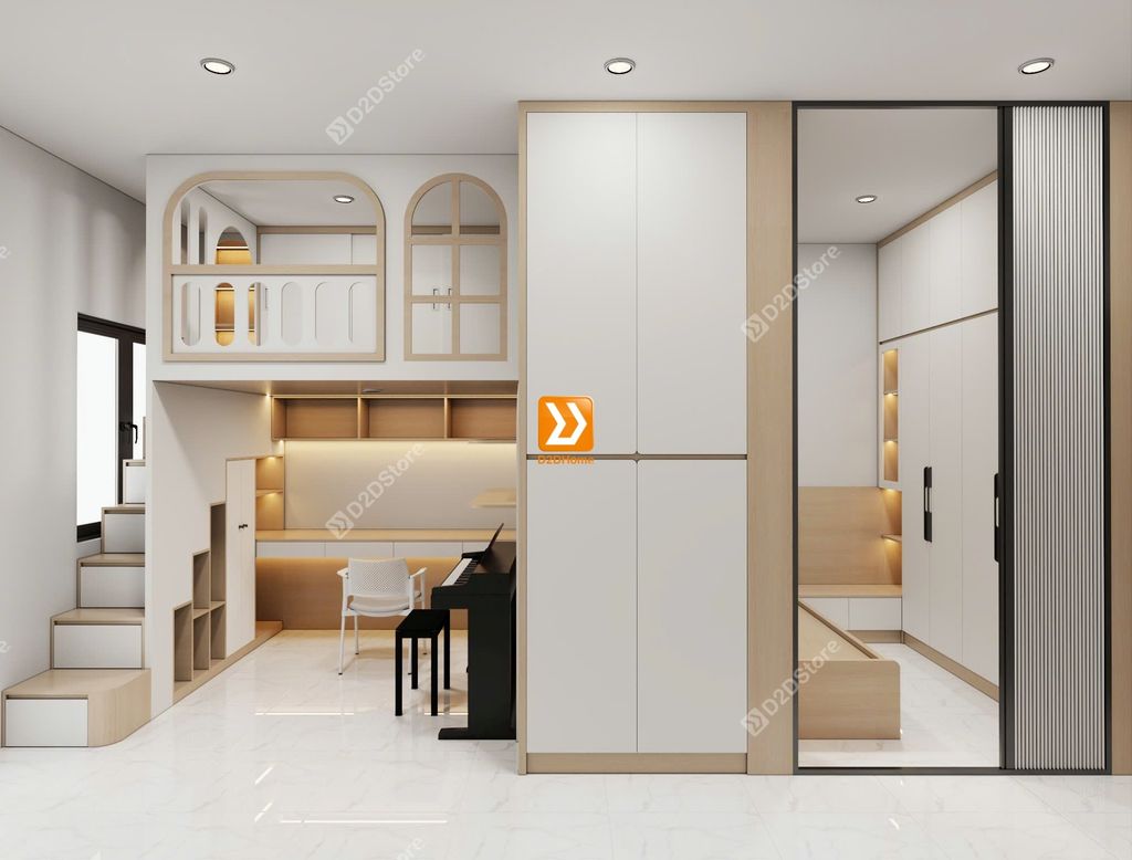 Phòng ngủ giường tầng cho bố mẹ và 1 bé gái nhà chị Diệu Hạnh