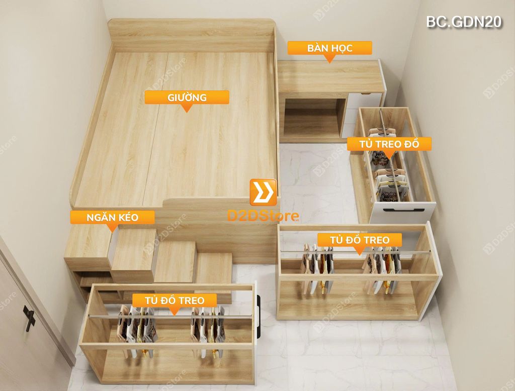Giường ngủ kết hợp tủ lưu trữ đa năng nhiều kích thước mã BC.GDN20
