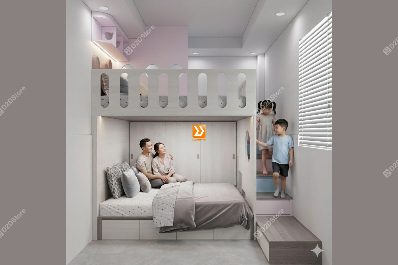 Phòng ngủ giường tầng cho bố mẹ và 1 bé trai 1 bé gái nhà chị Sammy Hua