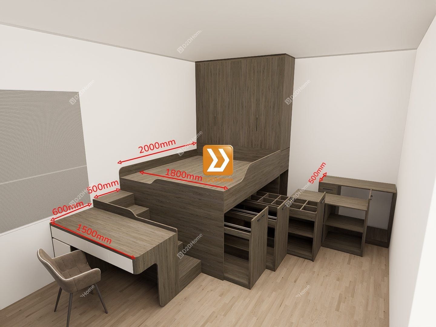 Phòng ngủ với hệ giường tủ bàn kết hợp nhà anh Hoàn