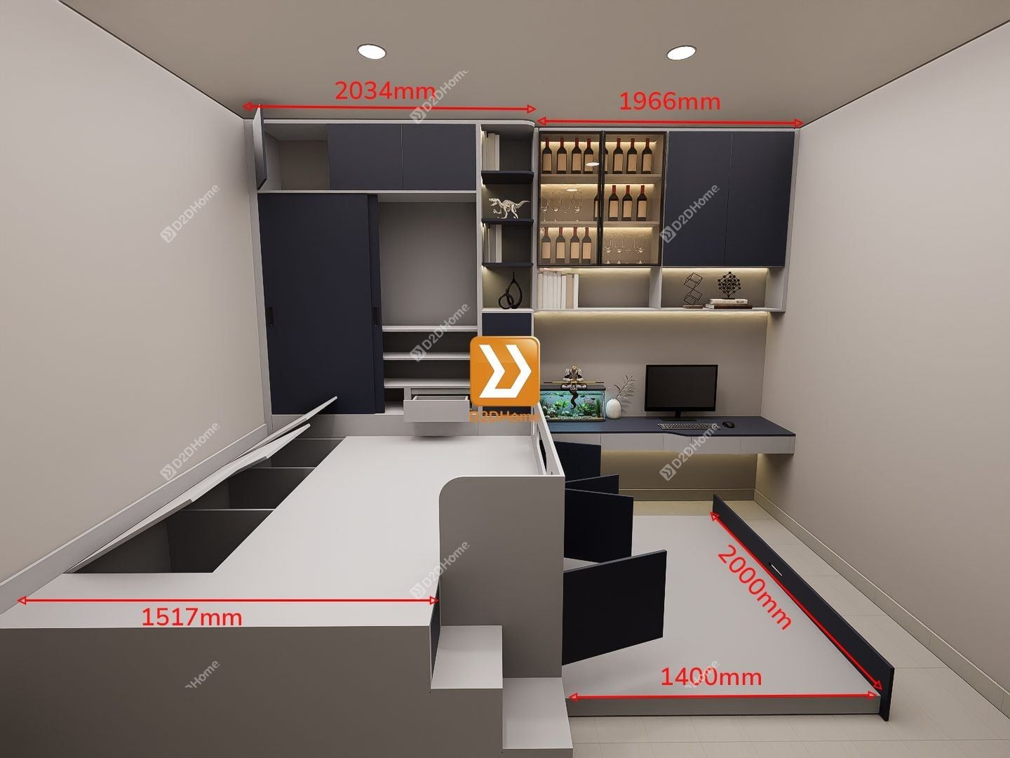 Phòng ngủ với hệ giường tủ bàn kết hợp nhà anh Danh