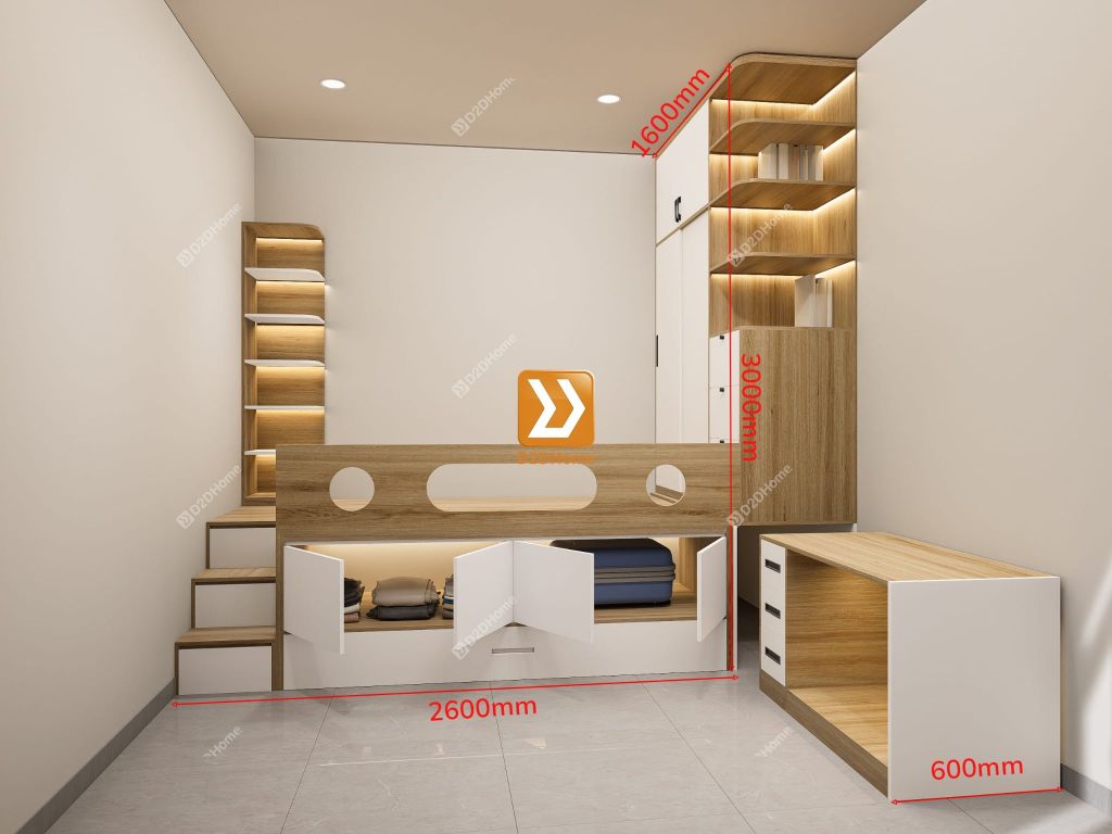 Phòng ngủ cho bé với hệ giường tủ bàn kết hợp nhà chị Phượng