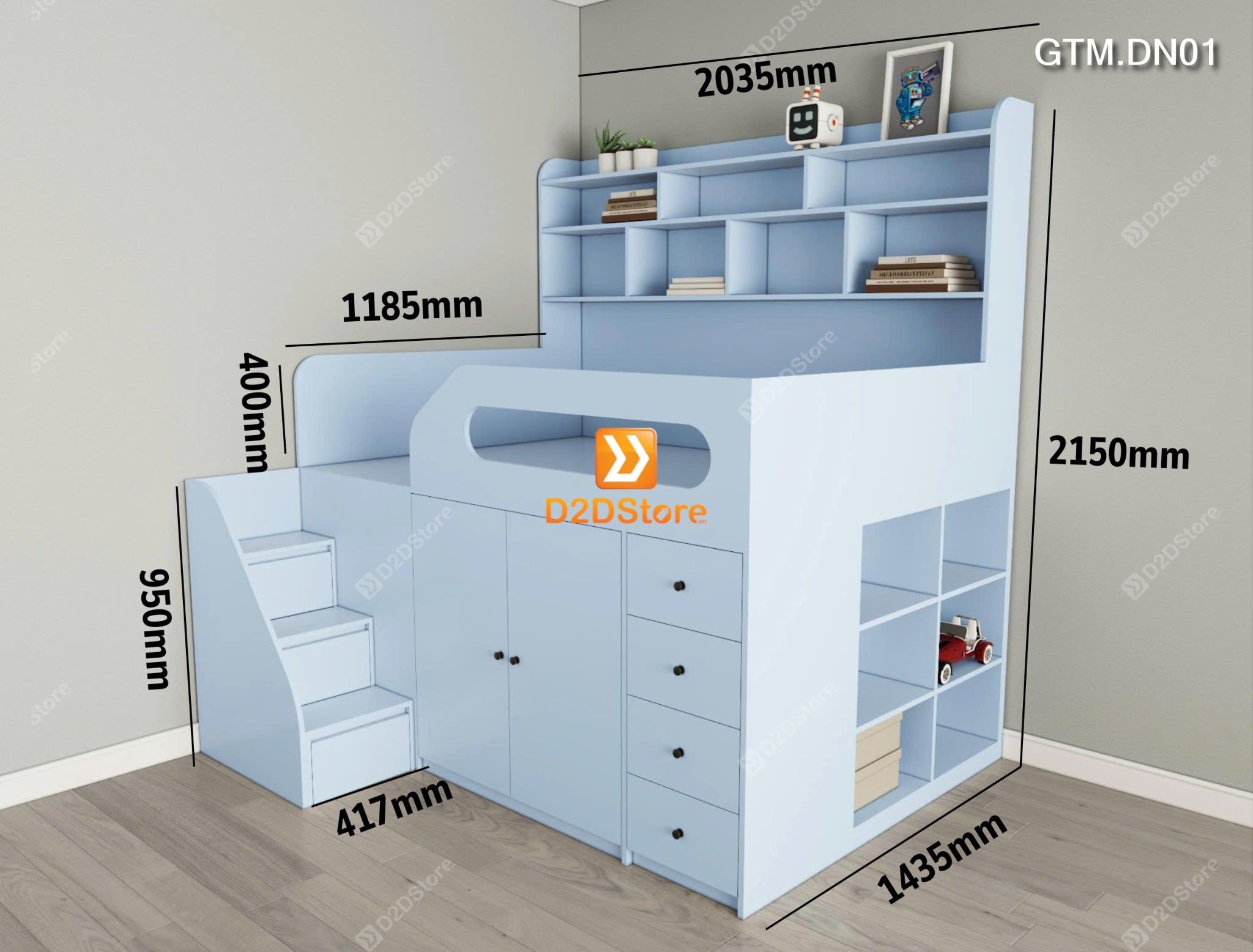  Giường thông minh tích hợp nhiều công năng tủ áo ngăn kéo kệ sách mã GTM.DN01 