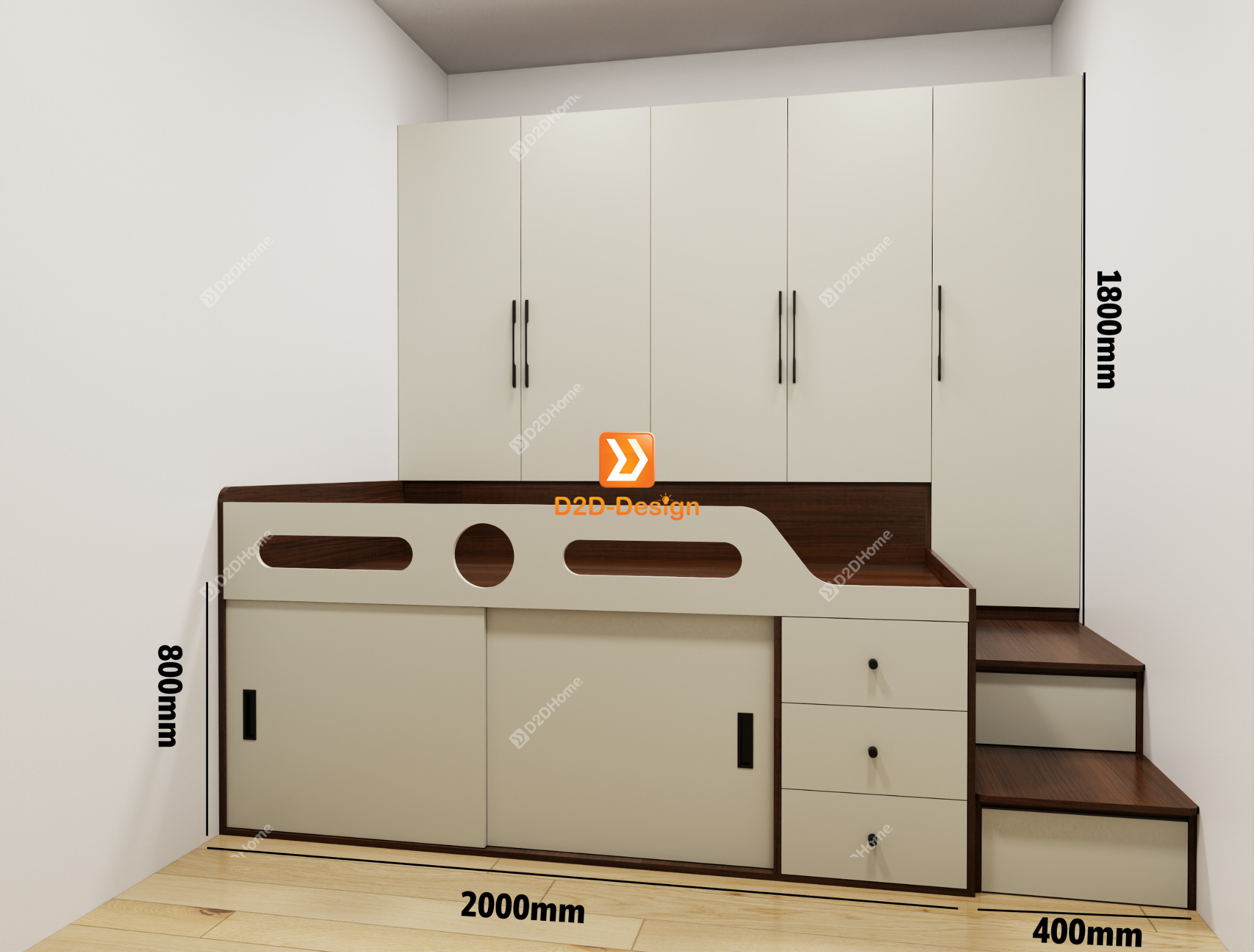 Phòng ngủ với hệ giường tủ kết hợp nhà chị Chi Lê