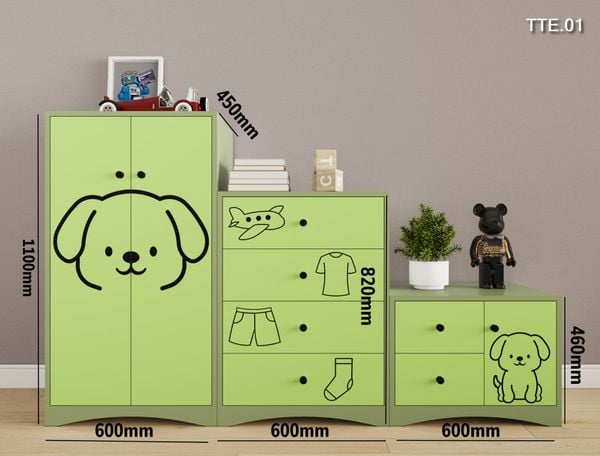 Bộ 3 tủ cho bé đựng quần áo, sách vở, đồ chơi họa tiết CNC hình chó mã TTE.01