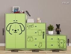 Bộ 3 tủ cho bé đựng quần áo, sách vở, đồ chơi họa tiết CNC hình chó mã TTE.01