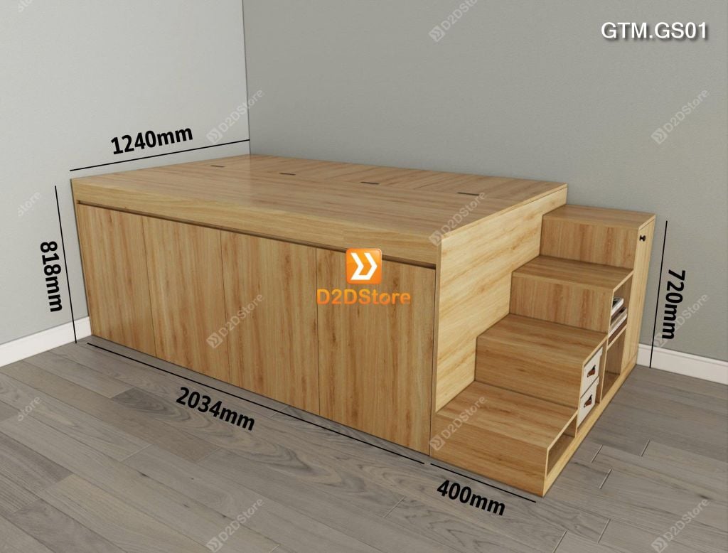 Giường bục có 4 tủ kéo lưu trữ thông minh có cầu thang mã GTM.GS01