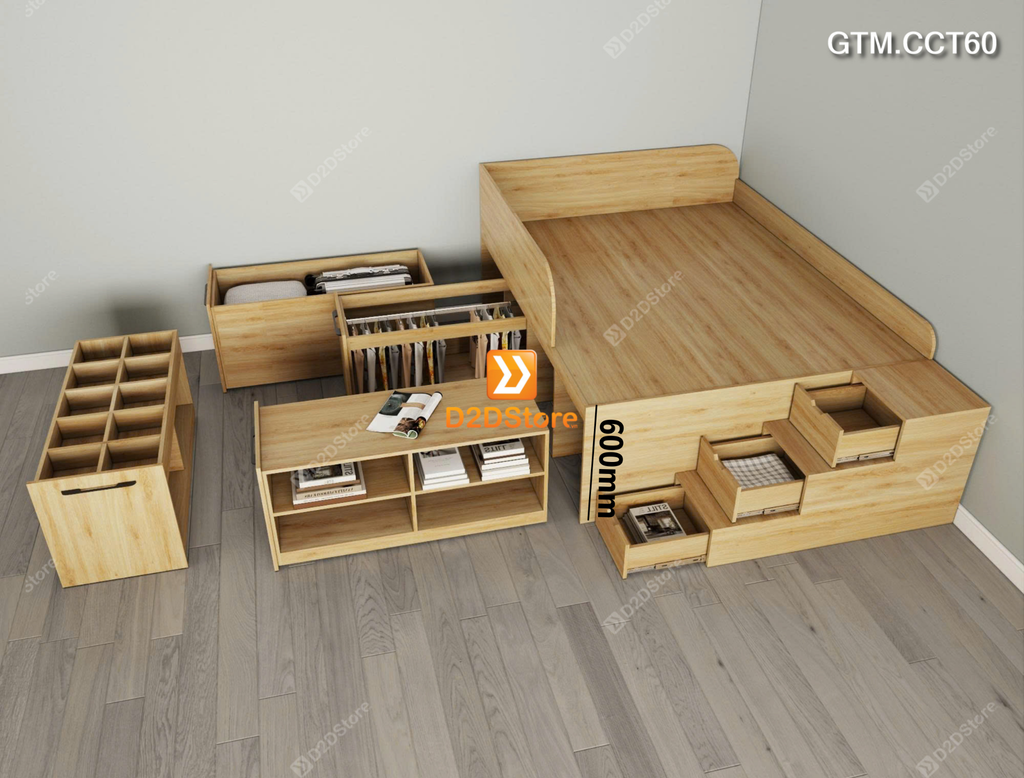 Giường thông minh tích hợp 4 tủ ngăn kéo dưới giường tiện ích có cầu thang cao 60cm mã GTM.CCT60