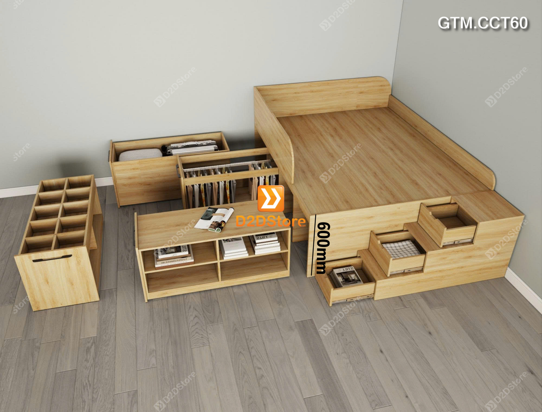 Giường thông minh tích hợp 4 tủ ngăn kéo dưới giường tiện ích có cầu thang cao 60cm mã GTM.CCT60