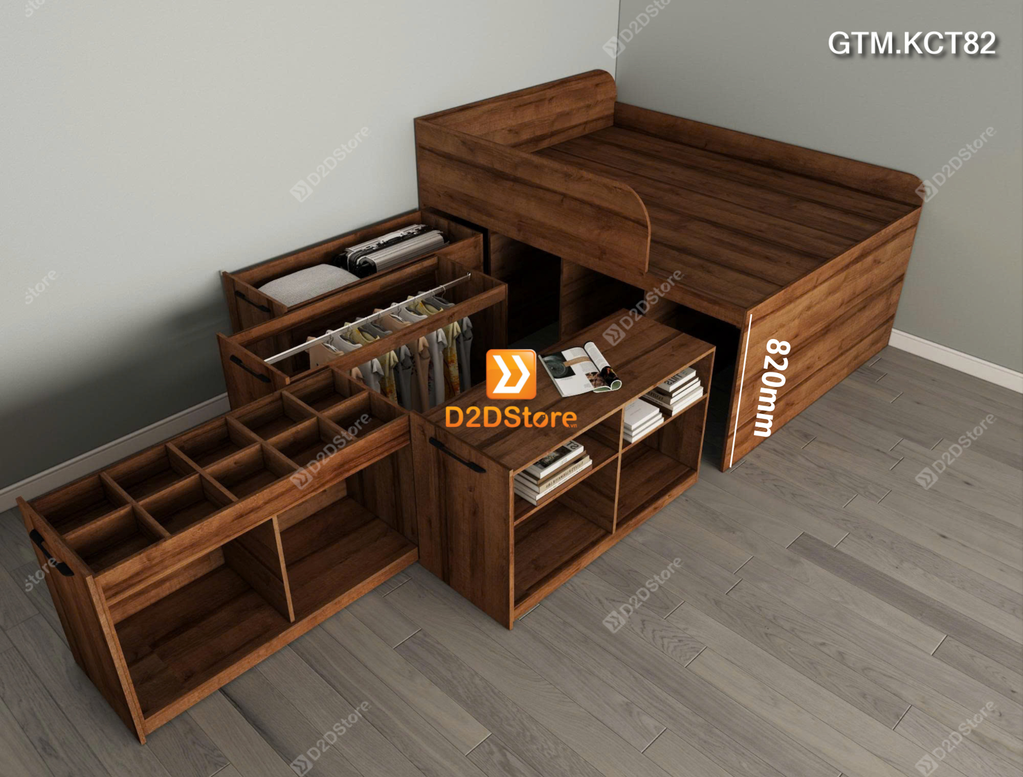 Giường thông minh tích hợp 4 tủ ngăn kéo dưới giường tiện ích không cầu thang cao 82cm mã GTM.KCT82 
