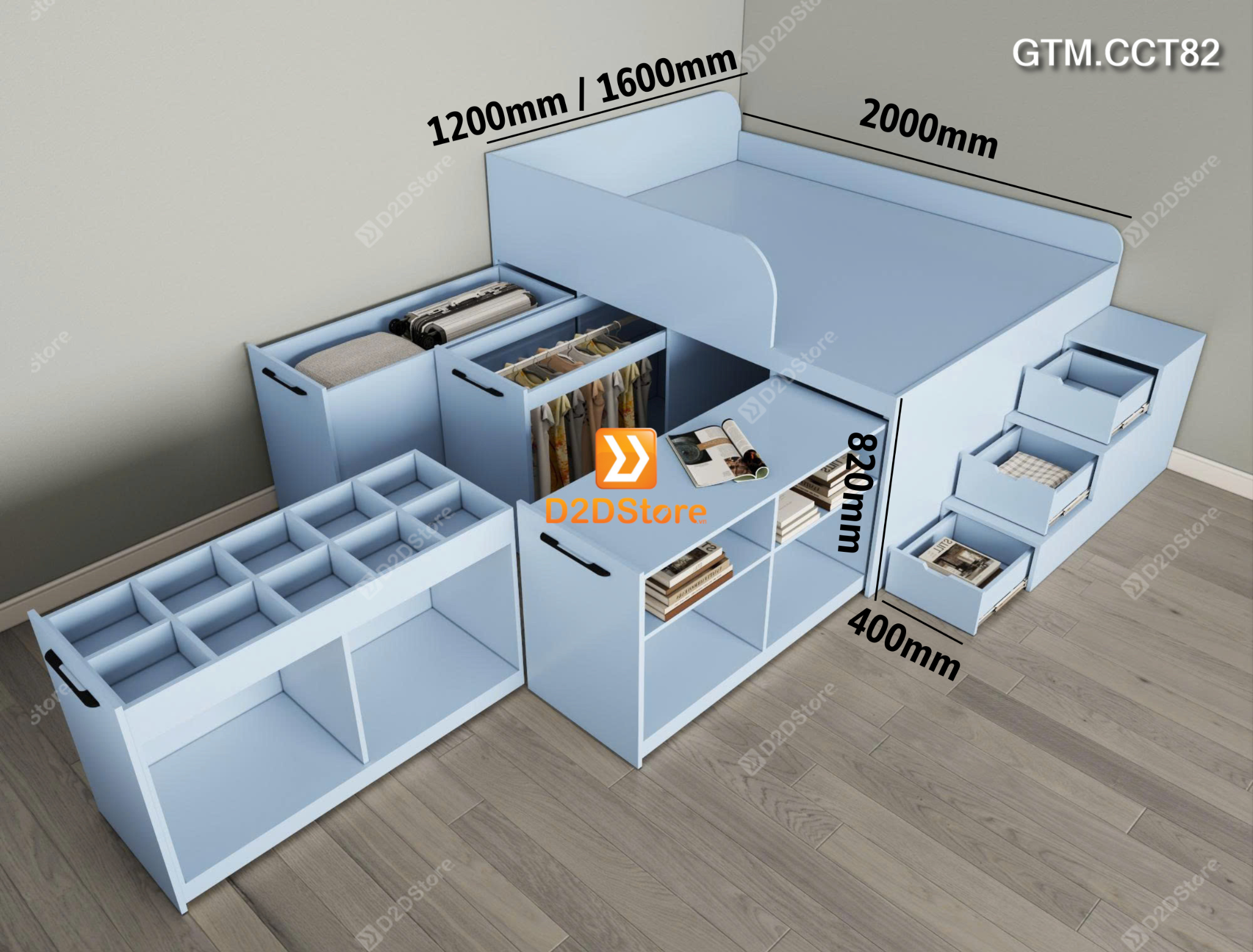 Giường thông minh tích hợp 4 tủ ngăn kéo dưới giường tiện ích có cầu thang cao 82cm mã GTM.CCT82 