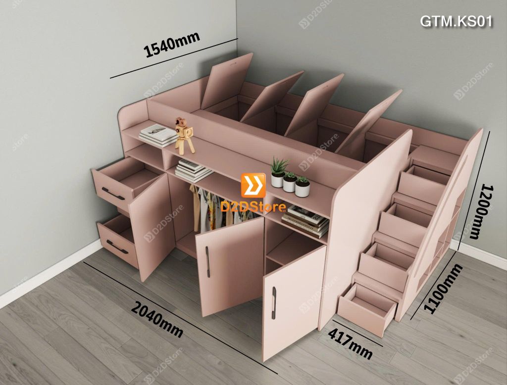Giường thông minh tích hợp tủ và kệ sách có cầu thang mã GTM.KS01