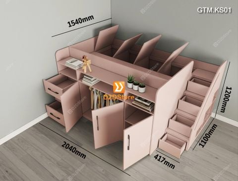 Giường thông minh tích hợp tủ và kệ sách có cầu thang mã GTM.KS01