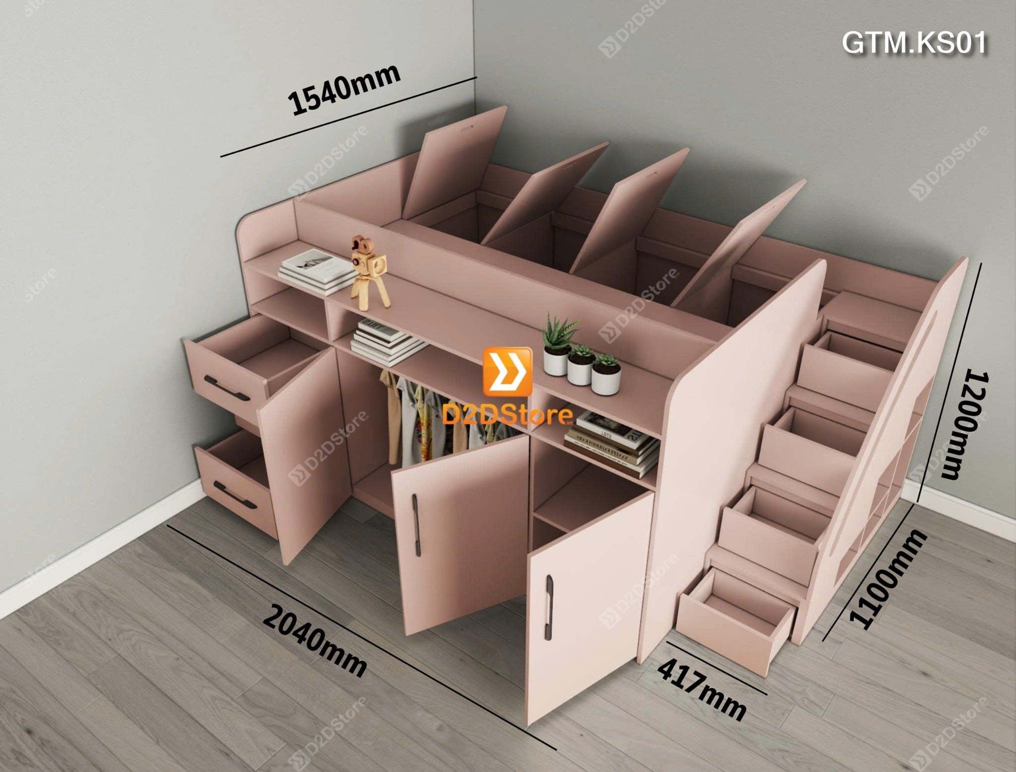  Giường thông minh tích hợp tủ và kệ sách có cầu thang mã GTM.KS01 