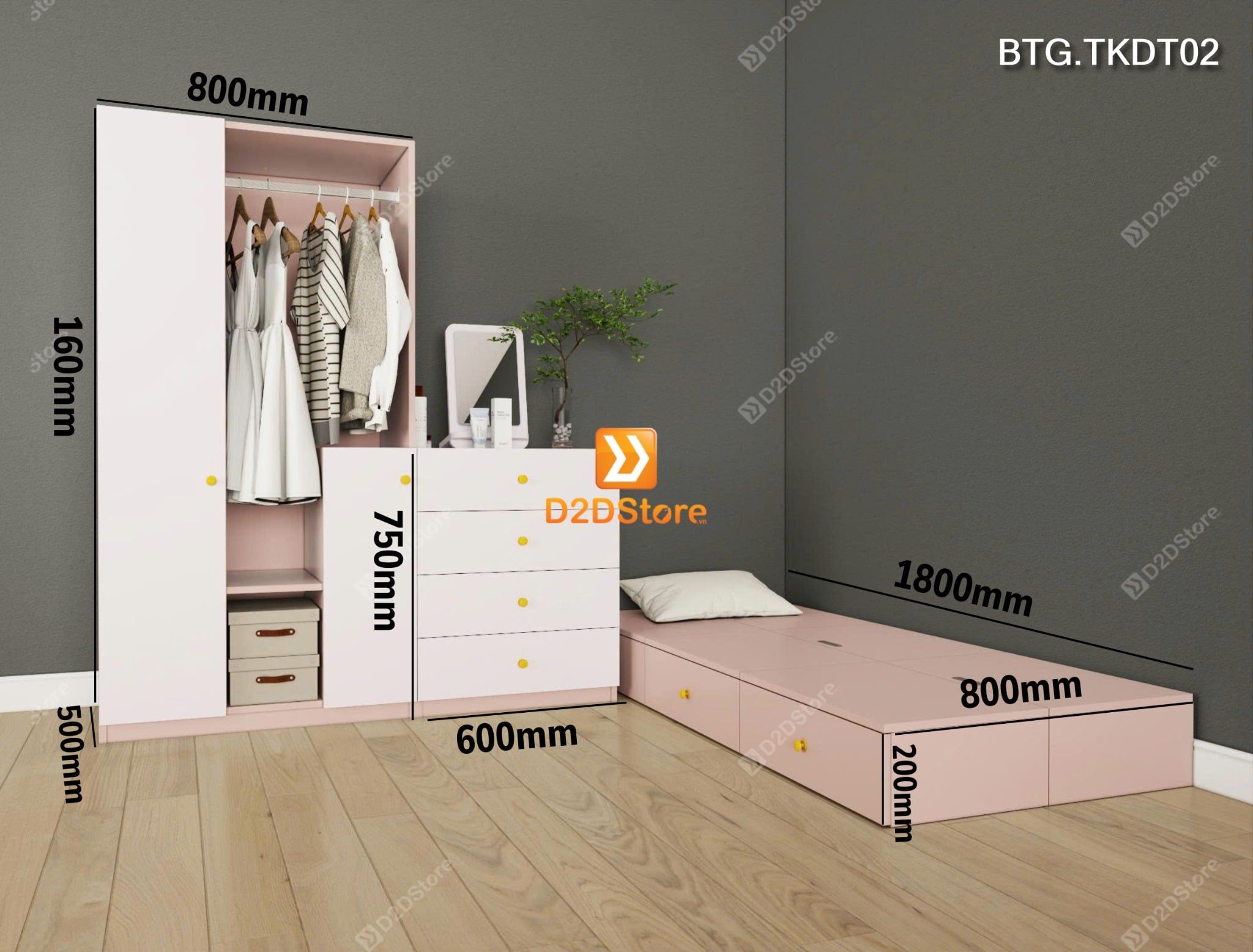  Bộ phòng ngủ dành cho người độc thân xếp gọn tiết kiệm diện tích linh hoạt di chuyển mã BTG.TKDT02 