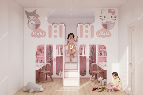 Phòng ngủ giường tầng cho 1 bé trai và 1 bé gái nhà chị Duy Ngọc