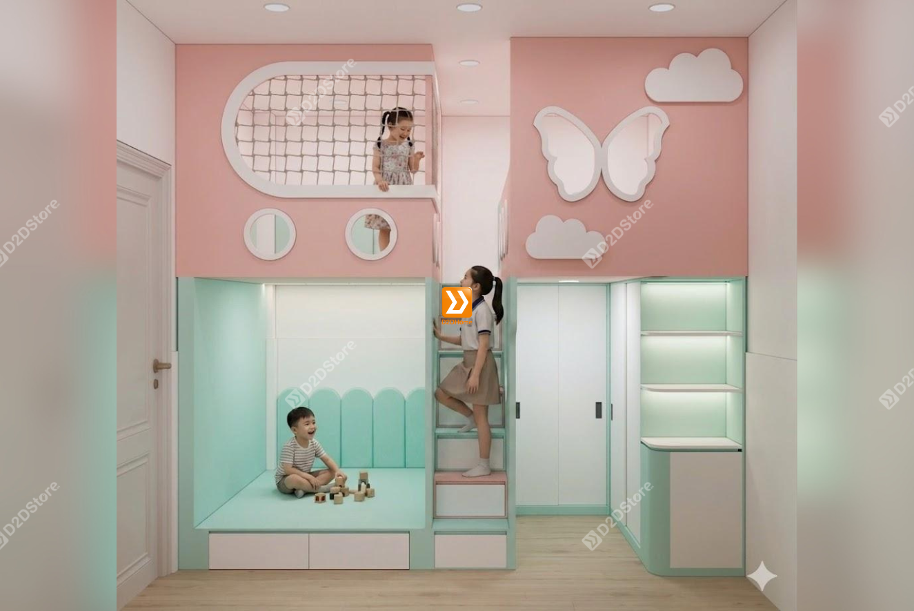 Phòng ngủ giường tầng cho 2 bé gái và 1 bé trai nhà anh Hoàng Hải