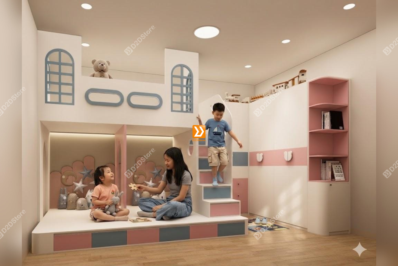 Phòng ngủ giường tầng cho 2 bé gái và 1 bé trai nhà chị Tú