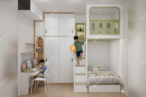 Phòng ngủ giường tầng cho 2 bé trai nhà anh Dũng
