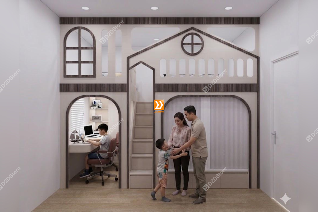 Phòng ngủ giường tầng cho bố mẹ và 2 bé trai nhà chị Dương Hồng