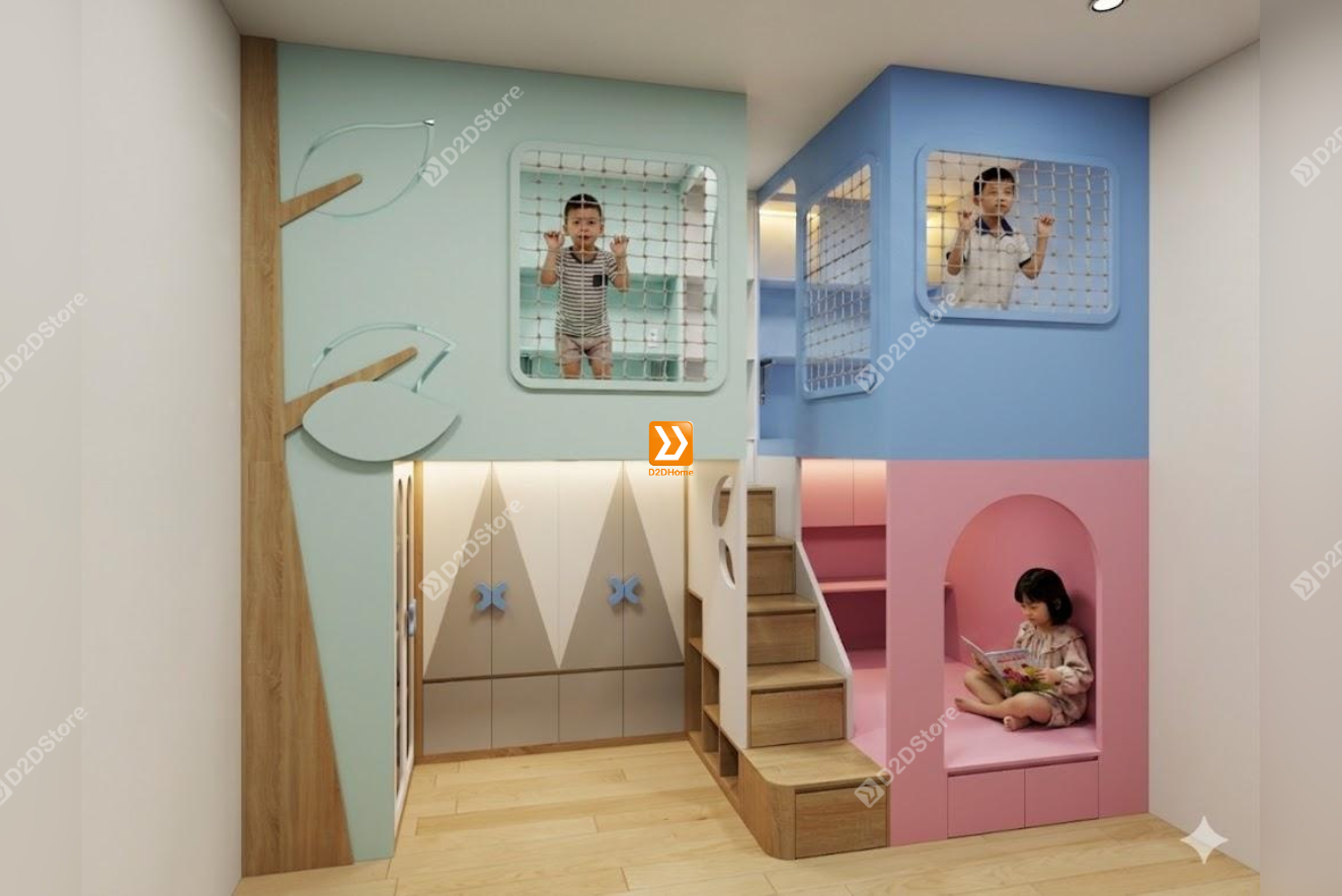 Phòng ngủ giường tầng cho 2 bé trai và 1 bé gái nhà anh Đông Quân