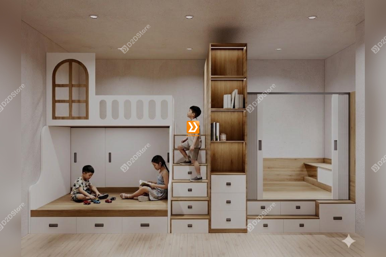 Phòng ngủ giường tầng cho 2 bé trai và 1 bé gái nhà chị Lan