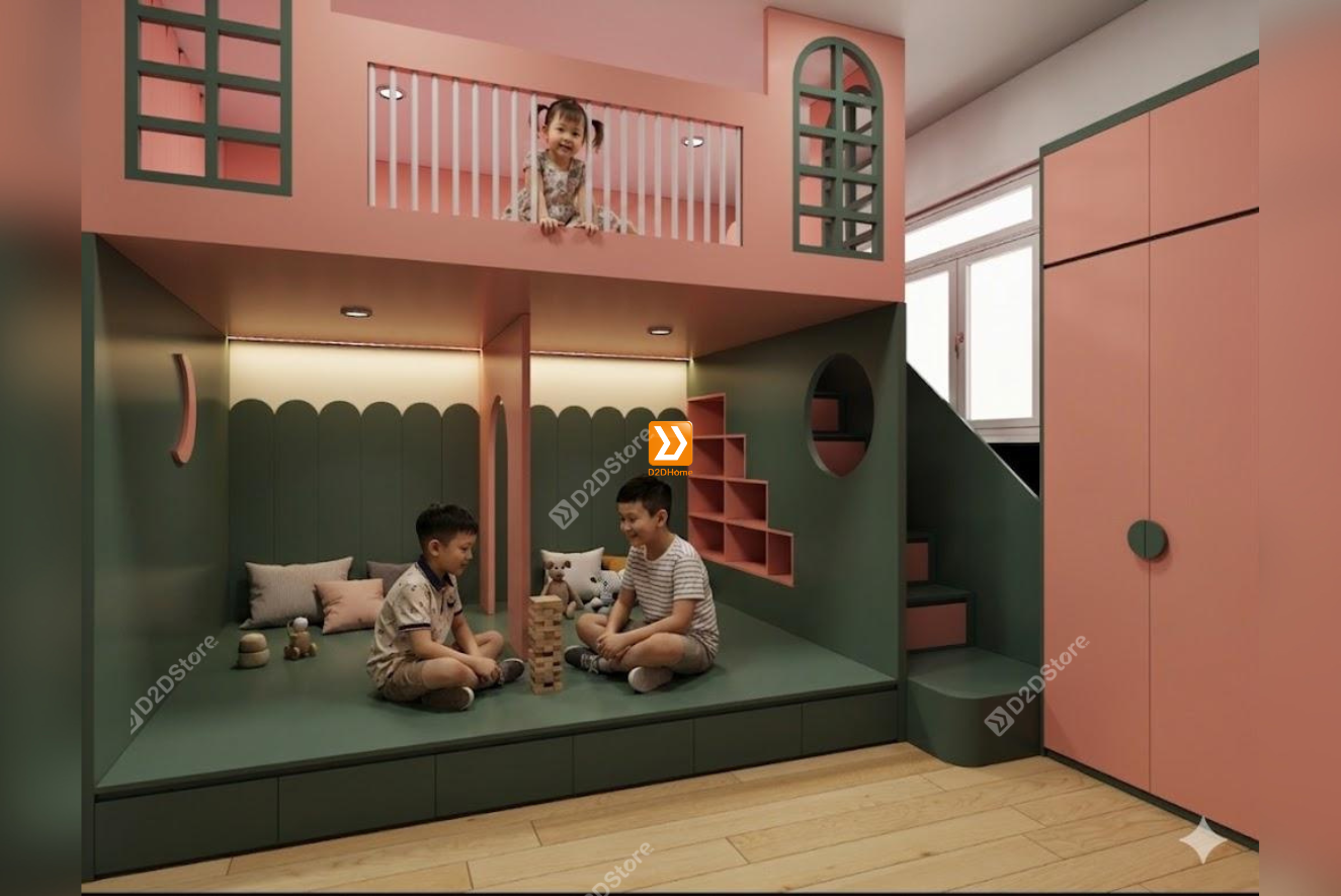Phòng ngủ giường tầng cho 2 bé trai và 1 bé gái nhà chị Thúy Nga