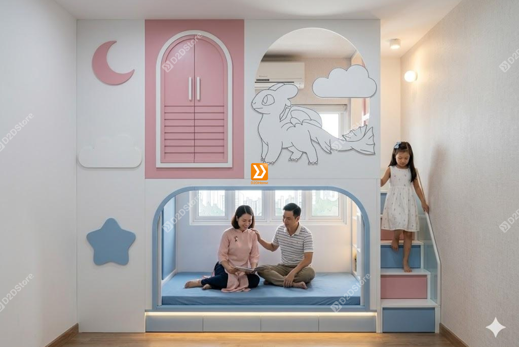 Phòng ngủ giường tầng cho bố mẹ và 1 bé gái nhà anh Jodan Tăng