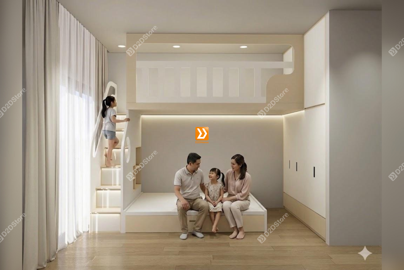 Phòng ngủ giường tầng cho bố mẹ và 2 bé nhà chị Phương Huỳnh