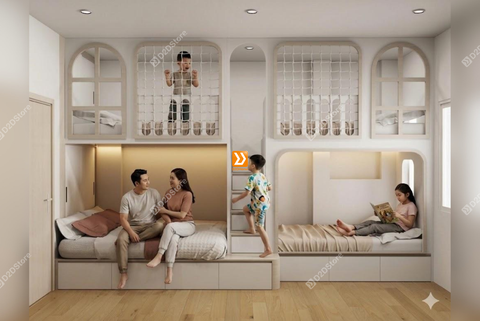 Phòng ngủ giường tầng cho bố mẹ và 3 bé nhà anh Nhữ Huy