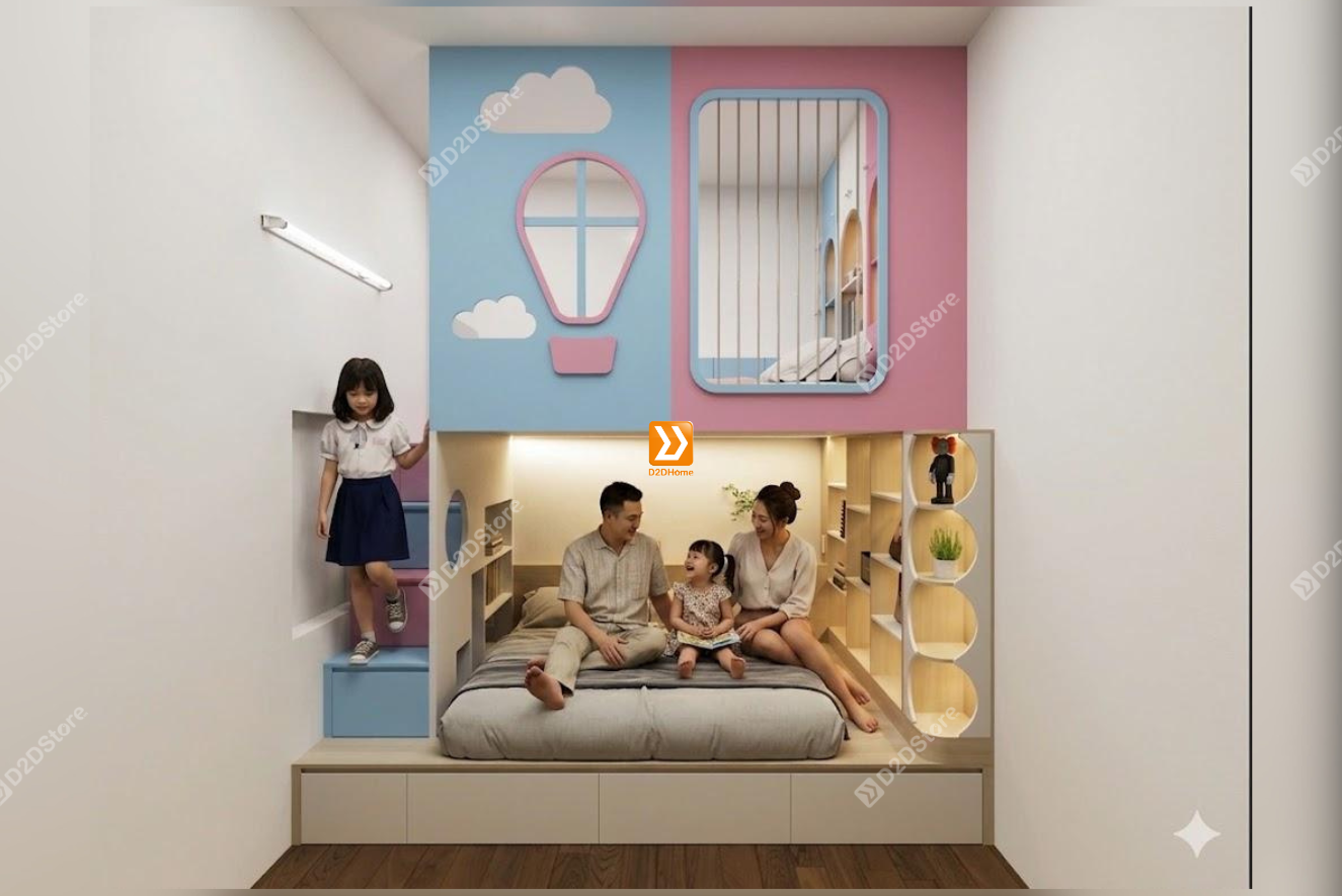 Phòng ngủ giường tầng cho bố mẹ và 2 bé gái nhà anh Duy