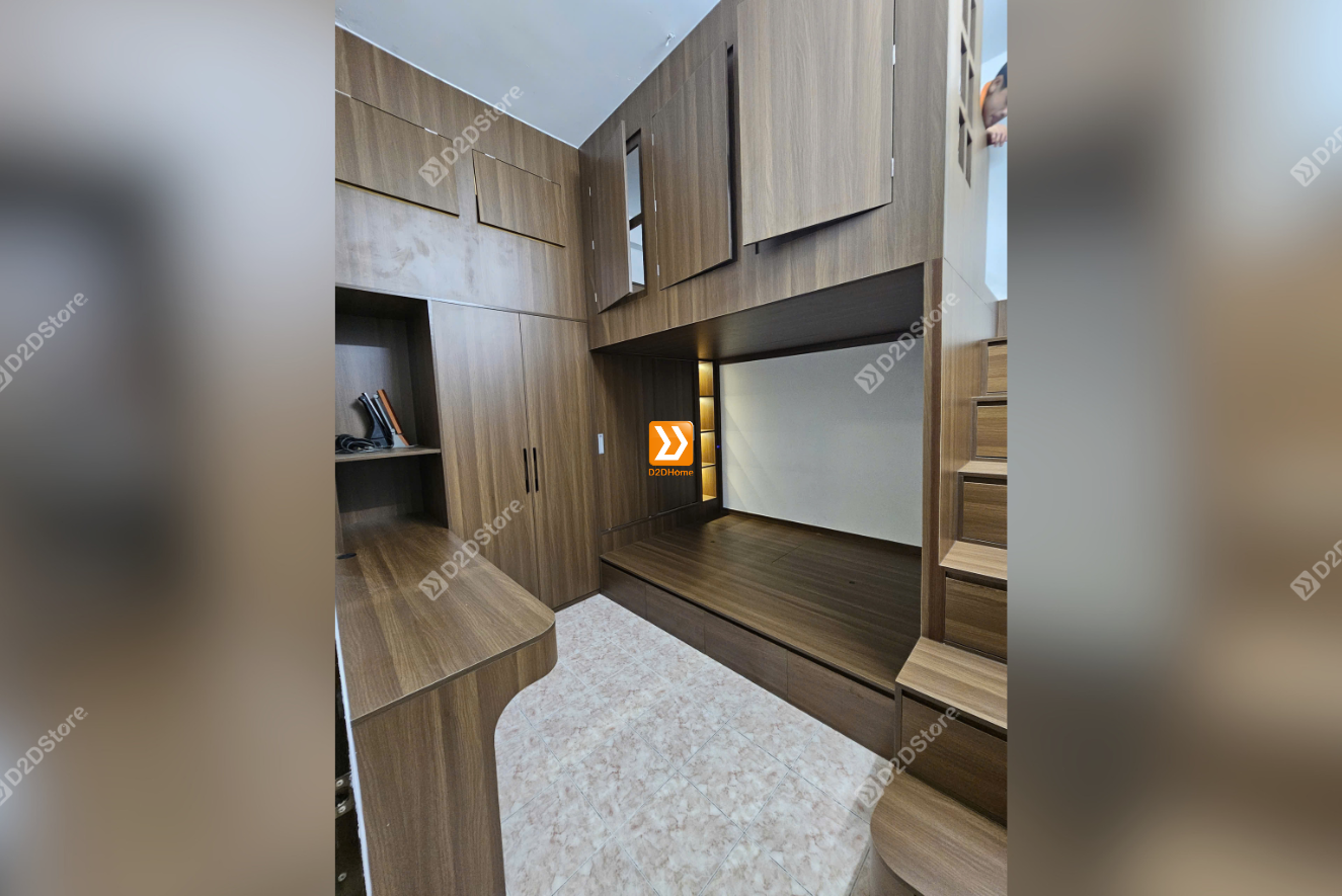 Phòng ngủ giường tầng cho bố mẹ và 1 bé trai nhà anh Nguyễn Nam