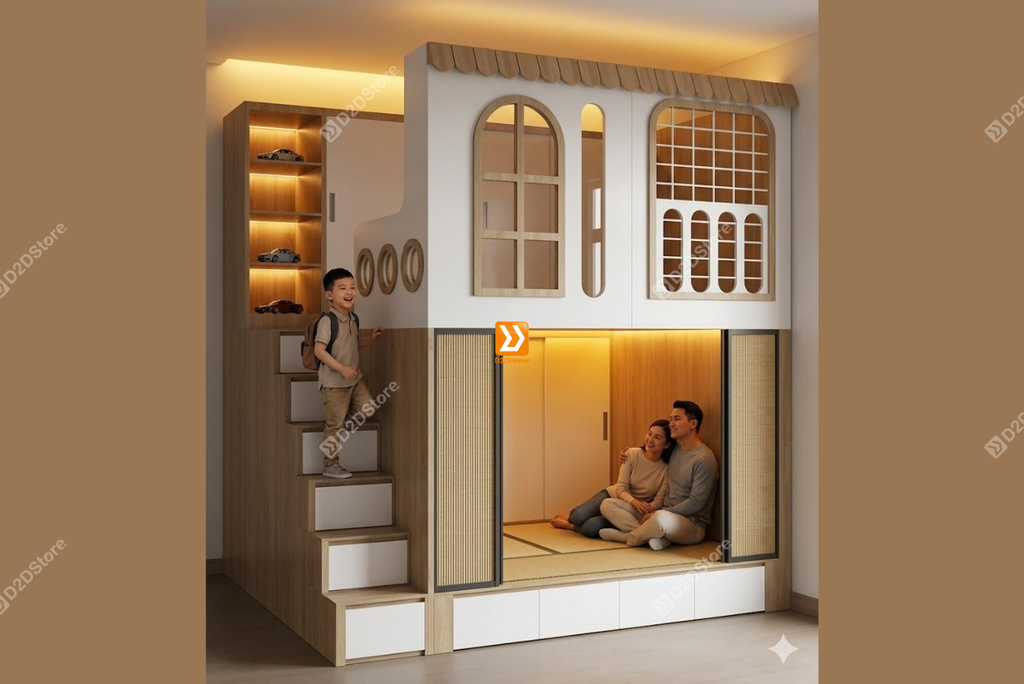 Phòng ngủ giường tầng cho bố mẹ và 1 bé trai nhà anh Phi