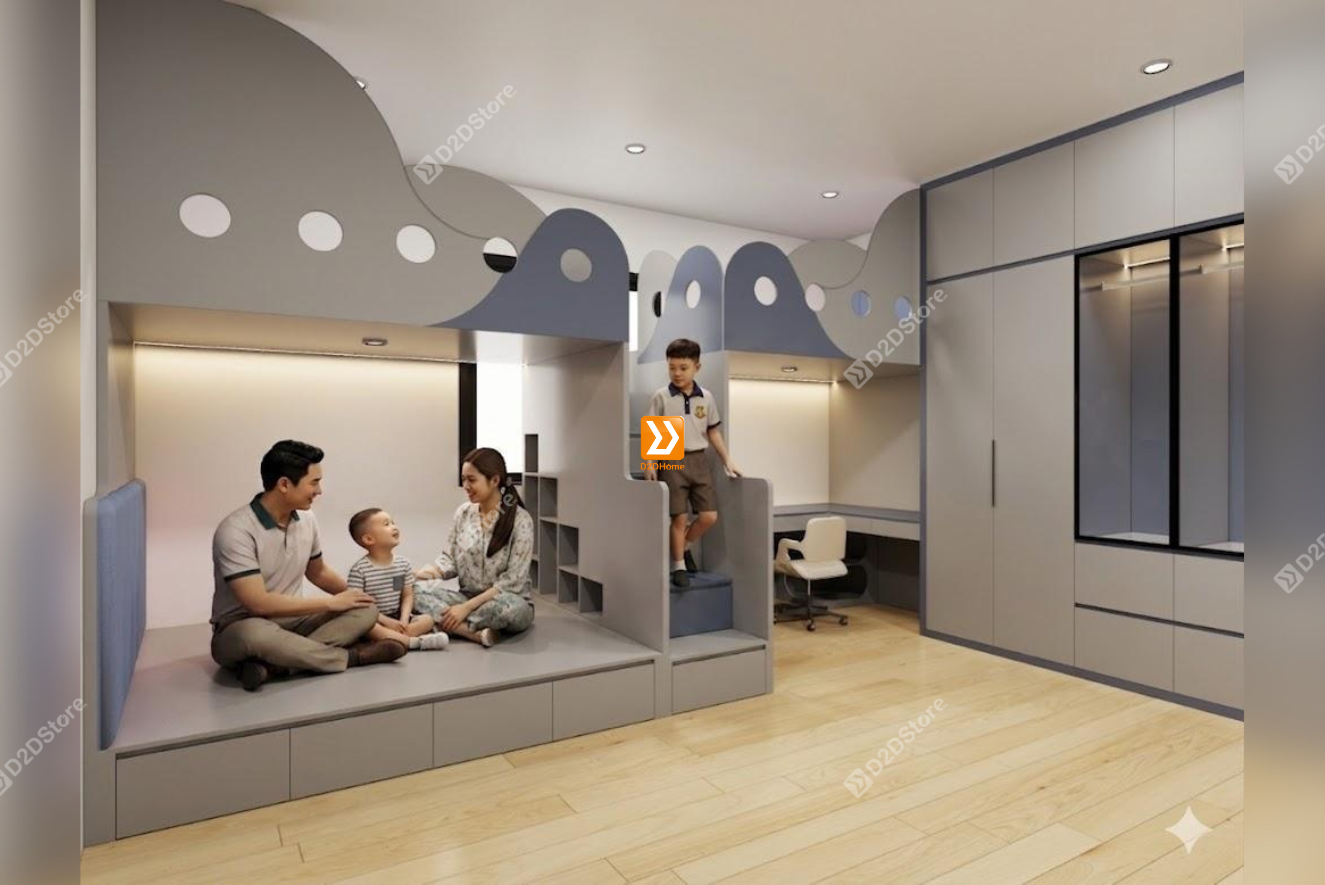 Phòng ngủ giường tầng cho bố mẹ và 2 bé trai nhà anh Masan Nguyễn