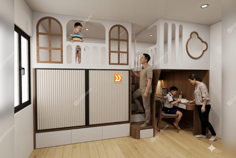 Phòng ngủ giường tầng cho bố mẹ và 2 bé trai nhà chị Hải Âu
