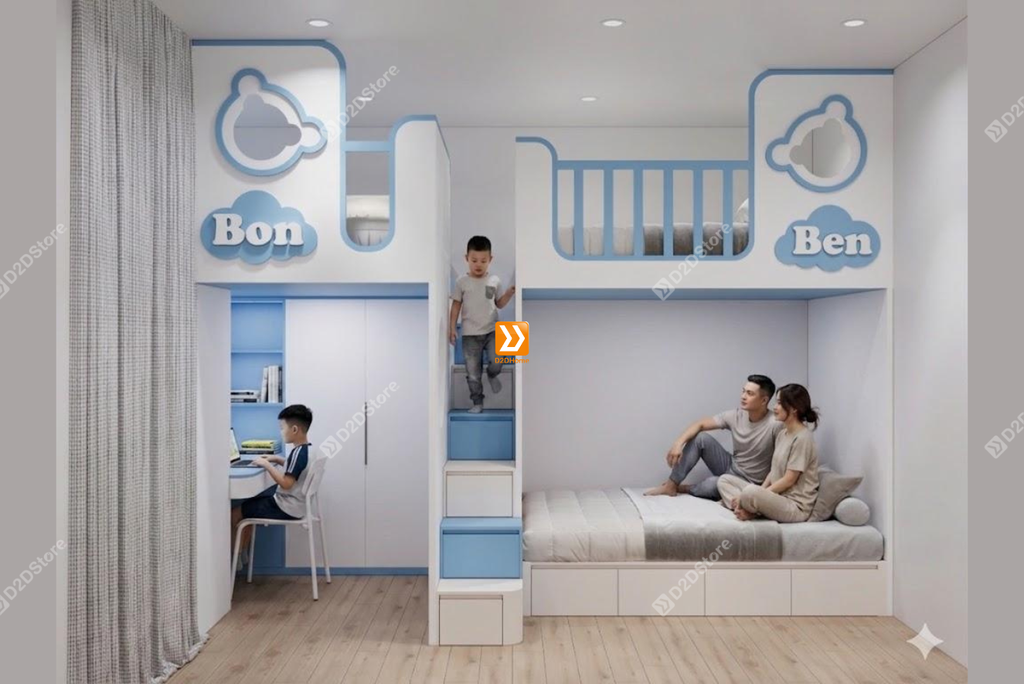 Phòng ngủ giường tầng cho bố mẹ và 2 bé trai nhà chị Linh Neo