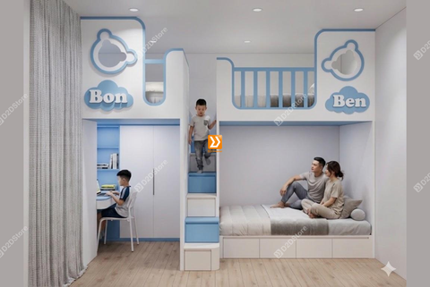 Phòng ngủ giường tầng cho bố mẹ và 2 bé trai nhà chị Linh Neo