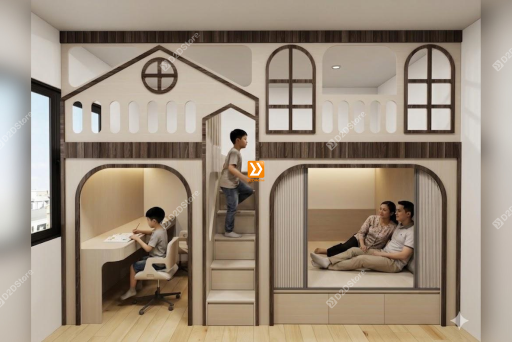 Phòng ngủ giường tầng cho bố mẹ và 2 bé trai nhà chị Thu Nhi