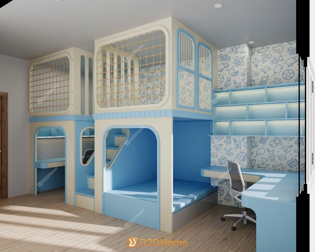 Phòng ngủ giường tầng cho 3 bé trai nhà anh Huy