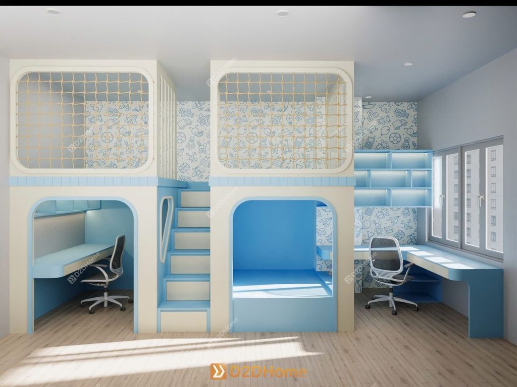 Phòng ngủ giường tầng cho 3 bé trai nhà anh Huy