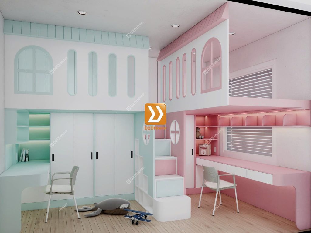 Phòng ngủ giường tầng cho 1 bé trai và 1 bé gái nhà chị Thảo Trần