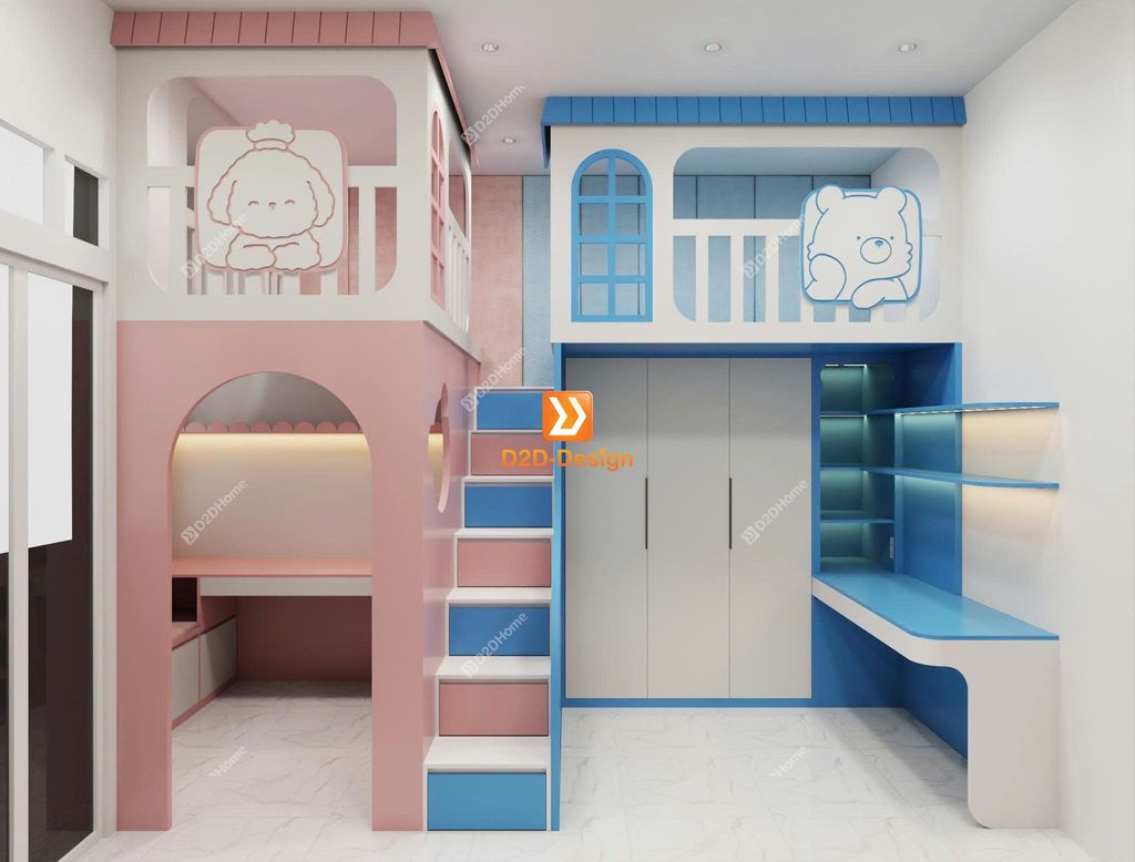 Phòng ngủ giường tầng cho 1 bé trai và 1 bé gái nhà chị Mai Nguyễn