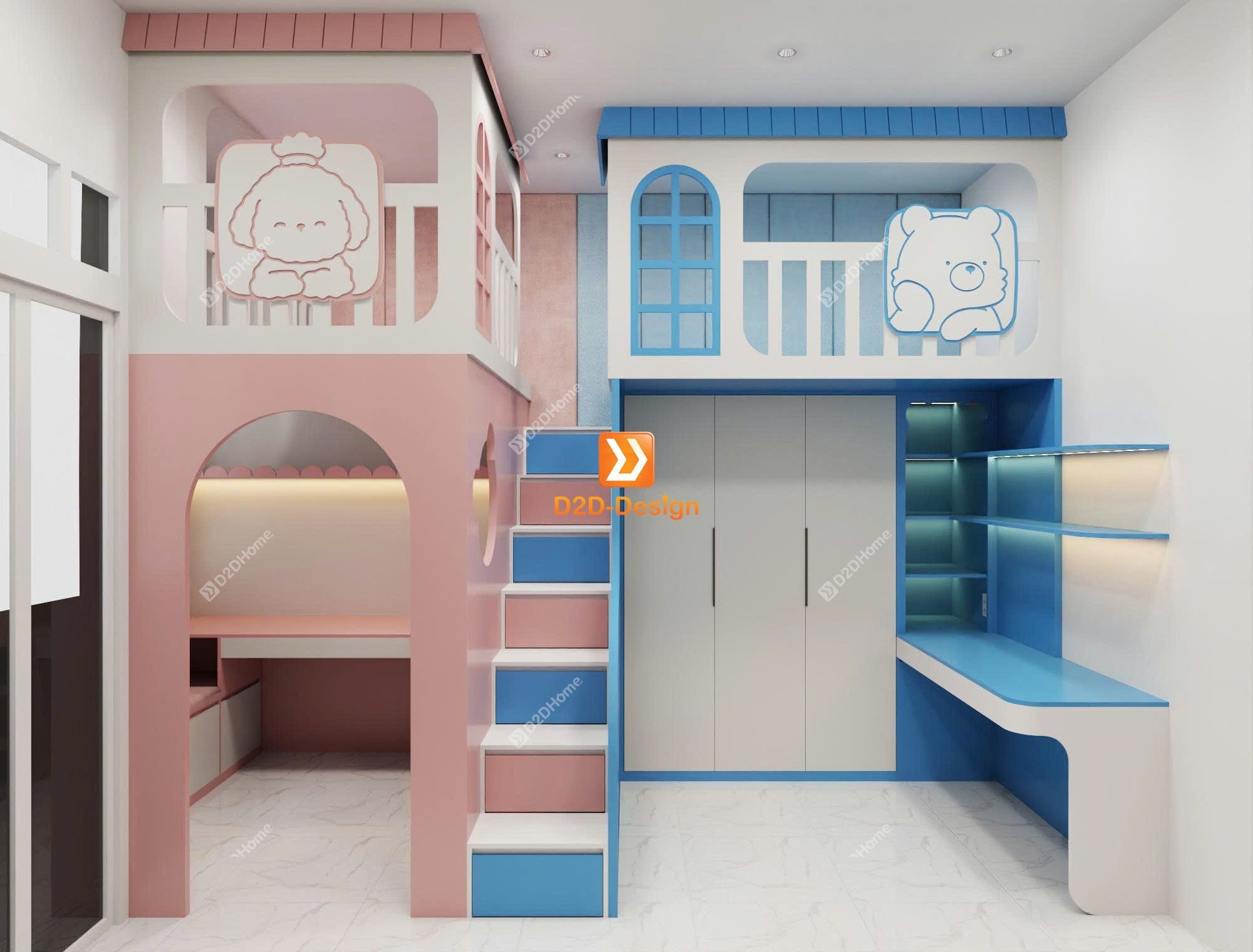 Phòng ngủ giường tầng cho 1 bé trai và 1 bé gái nhà chị Mai Nguyễn