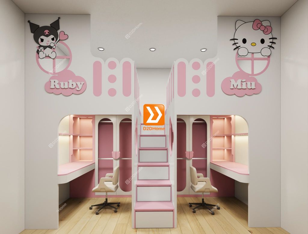 Phòng ngủ giường tầng cho 1 bé trai và 1 bé gái nhà chị Duy Ngọc